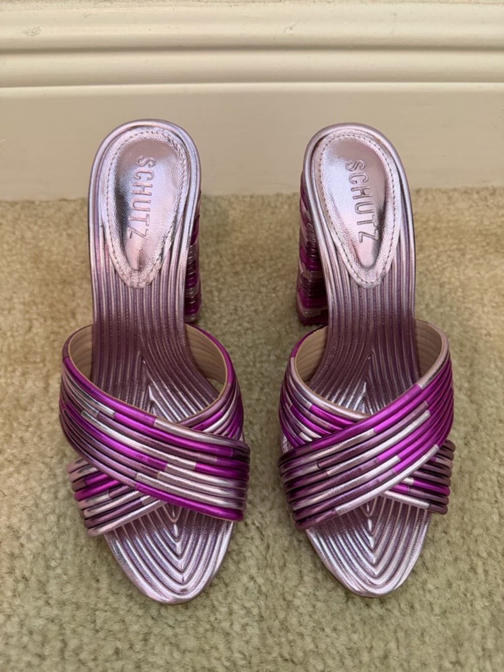 Schutz Vibrant Metallic Pink Mules